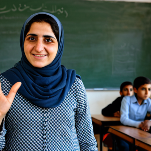 A resilient Syrian woman, fully clothed in modest, appropriate attire, leading an impromptu classroom in a brightly lit community center. She is teaching a group of children, who are actively engaged in learning from a simple blackboard. The background is softly blurred to emphasize the subjects. The image captures a hopeful, nurturing, and determined atmosphere, presented in a photorealistic, documentary style with warm natural light. safe for work, appropriate content, family-friendly, perfect anatomy, correct proportions, natural pose, well-formed hands, proper finger count, natural body proportions, professional photography, high quality.