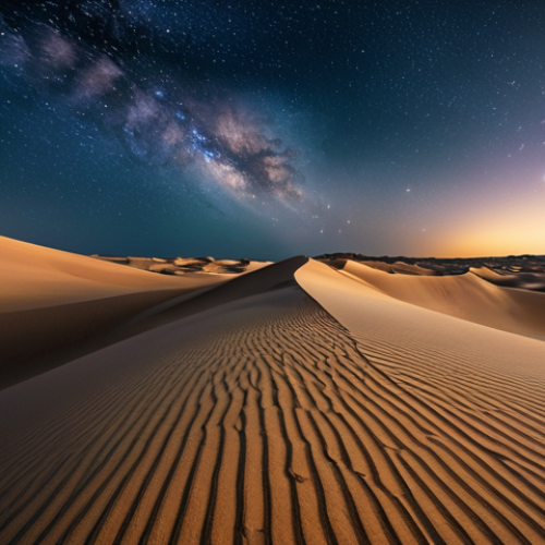 A breathtaking wide-angle shot of a vast desert landscape dominated by sweeping, natural sand dunes under a pristine, infinite night sky filled with a brilliant Milky Way and countless twinkling stars. The distant horizon glows with subtle, gentle hues of an impending or just-finished sunrise, casting long, soft shadows across the sculpted sand. The scene emphasizes a deep sense of silence, peace, and contemplation, highlighting the immense scale and raw beauty of nature. high resolution, professional photography, cinematic lighting, ultra-detailed, safe for work, appropriate content, fully clothed, modest, family-friendly, perfect anatomy, correct proportions, natural pose, well-formed hands, proper finger count, natural body proportions.