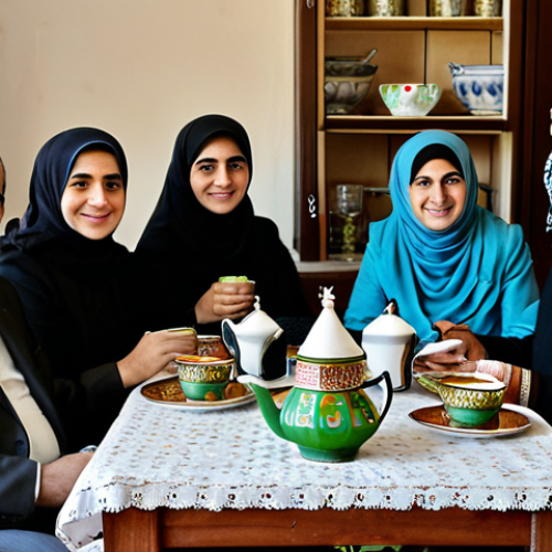 **A family-friendly scene in a traditional Syrian home, safe for work.** A group of fully clothed people, spanning multiple generations, are gathered around a low table, enjoying tea served in tulip-shaped glasses. Appropriate attire, modest clothing. In the background, traditional Syrian decor. Perfect anatomy, correct proportions, natural pose. Professional photography, high quality.