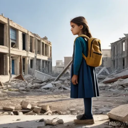 Home 23 시리아 갈등 속 인권 문제 - **Prompt:** A poignant scene depicting a young Syrian girl, aged around 10, standing contemplatively...