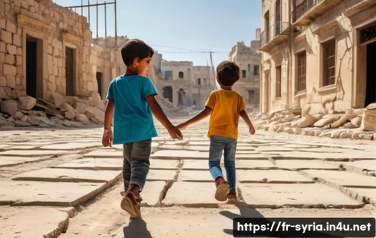 시리아 내전 주요 전투 - **Prompt 1: Resilience Amidst Ancient Scars**
"A vibrant scene depicting two Syrian children, ap...