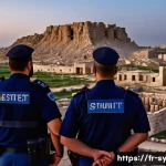 시리아 내 유적 보호와 관련 법안 - A detailed scene of Syrian archaeological site protection: armed cultural heritage officers in moder...