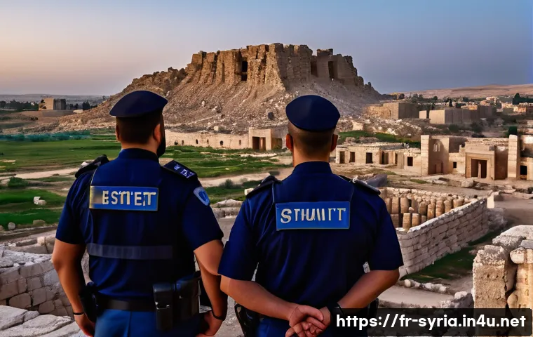 시리아 내 유적 보호와 관련 법안 - A detailed scene of Syrian archaeological site protection: armed cultural heritage officers in moder...