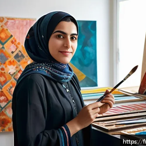 시리아와 관련된 유명 인물 - A contemporary Syrian female artist in her studio, wearing modest clothing and holding a paintbrush,...