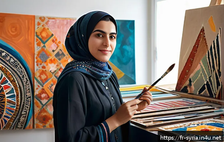 시리아와 관련된 유명 인물 - A contemporary Syrian female artist in her studio, wearing modest clothing and holding a paintbrush,...
