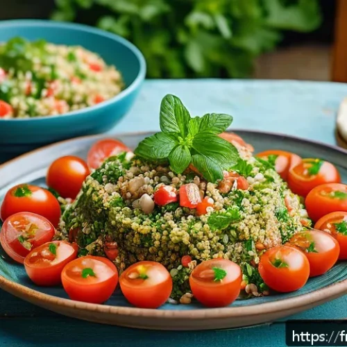 시리아 가정요리의 특징 - A vibrant and inviting Syrian family dining table scene featuring a large platter of freshly prepare...