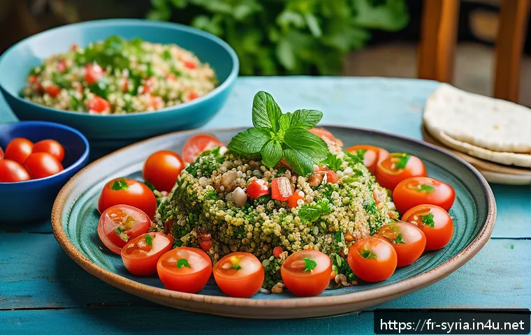 시리아 가정요리의 특징 - A vibrant and inviting Syrian family dining table scene featuring a large platter of freshly prepare...