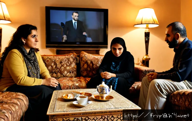 시리아 영화와 드라마 소개 - Photorealistic cinematic still of a Syrian family gathered in a modest Damascus living room watching...