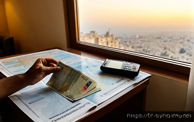 시리아 여행 시 주의할 점 - Photorealistic travel safety scene in a quiet hotel room in Damascus, French-speaking traveler caref...